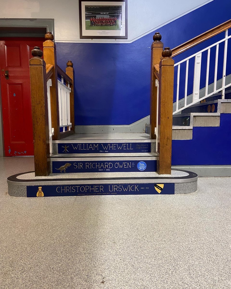 LRGSLancaster's tweet photo. Step back in time and be inspired by our new Old Lancastrian staircase. Featuring 19 of our famous OLs chosen by @LRGSPolitics students.
Artwork created by Helen Ashton.
Honoured to have Brian Ashton @oldlancastrian visit in person to sit on his step! πΉ #praesisutprosis https://t.co/ZPB0du5EGp