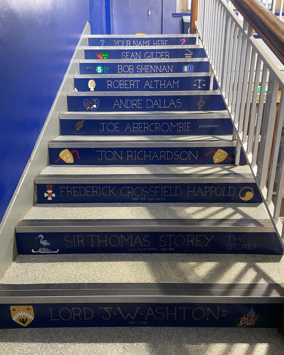 LRGSLancaster's tweet photo. Step back in time and be inspired by our new Old Lancastrian staircase. Featuring 19 of our famous OLs chosen by @LRGSPolitics students.
Artwork created by Helen Ashton.
Honoured to have Brian Ashton @oldlancastrian visit in person to sit on his step! πΉ #praesisutprosis https://t.co/ZPB0du5EGp
