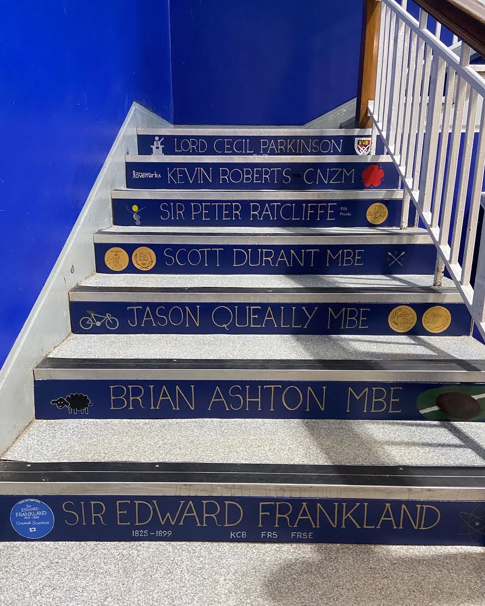 LRGSLancaster's tweet photo. Step back in time and be inspired by our new Old Lancastrian staircase. Featuring 19 of our famous OLs chosen by @LRGSPolitics students.
Artwork created by Helen Ashton.
Honoured to have Brian Ashton @oldlancastrian visit in person to sit on his step! πΉ #praesisutprosis https://t.co/ZPB0du5EGp