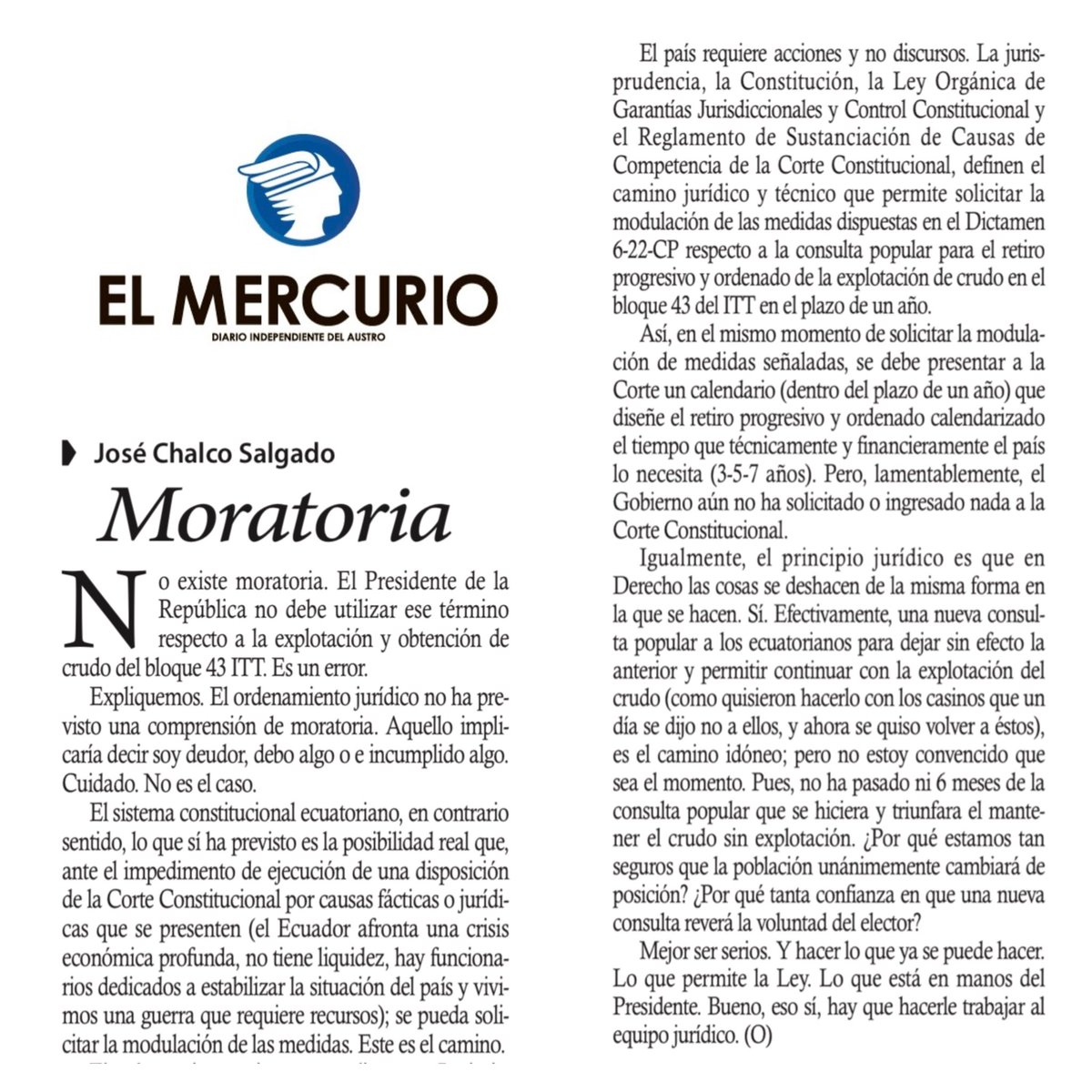 No existe moratoria🤷🏻‍♂️El Presidente tiene que enviar a la Corte Constitucional por causas fácticas y jurídicas, solicitud de modulación de medidas de Dictamen sobre explotación bloque 43 ITT🛢️y calendarizar retiro en 3-6 años👉🏻y diseñar nueva consulta para mantener explotación🤓