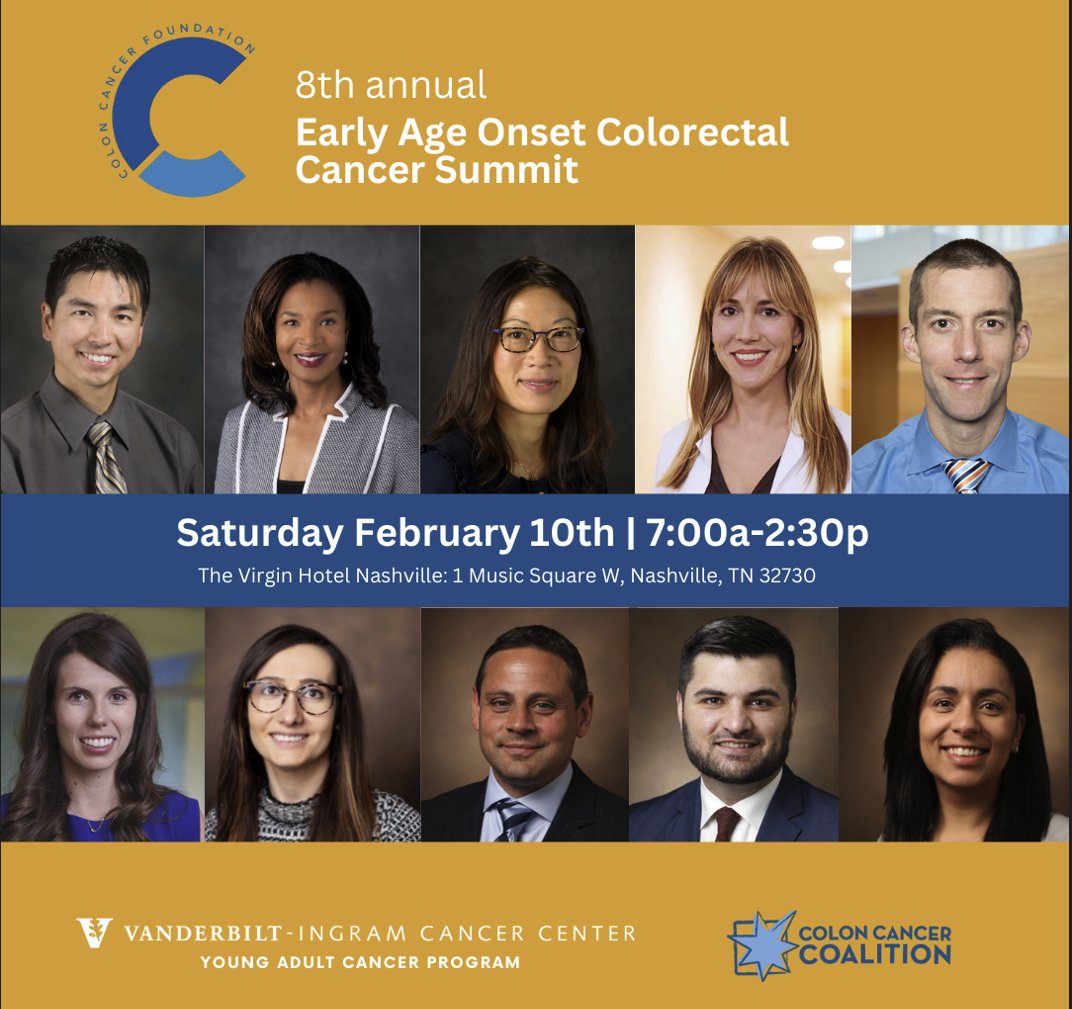 PLS join us for this IMP event! @VUMC_Cancer is partnering w/ @ColonCancerFdn co-sponsored by @ColonCancerCoal for the #EarlyOnset #Colorectal #Cancer Summit in #nashville! coloncancerfoundation.org/about/eao-crc/ 🤩faculty: @AndreaCercek @caitlincmurphy @Mari_Byndloss @NancyYouMD @drholowatyj