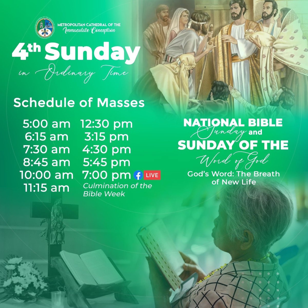 MCIC_Parish's tweet photo. PARISH ADVISORY: Here's the Mass Schedule for the National Bible Sunday and Sunday of the Word of God. We will be having a Live Broadcast of the 7 o'clock Mass as we Culminate the celebration of the National Bible Week. 

#MCIC #SundayMass #BibleWeek #NationalBibleWeek https://t.co/4fQuASDrrW