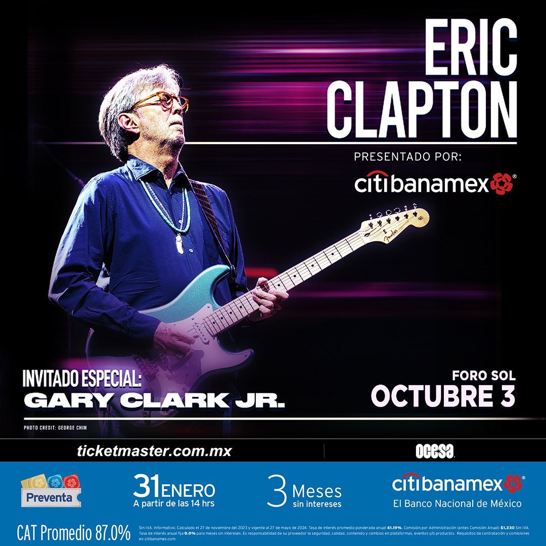 🎸🎶 ¡Atención fans de Eric Clapton en México! El legendario músico regresa después de 23 años para ofrecer un épico concierto el 3 de octubre en el Foro Sol de la Ciudad de México. 🇲🇽🎤 

#EricClapton