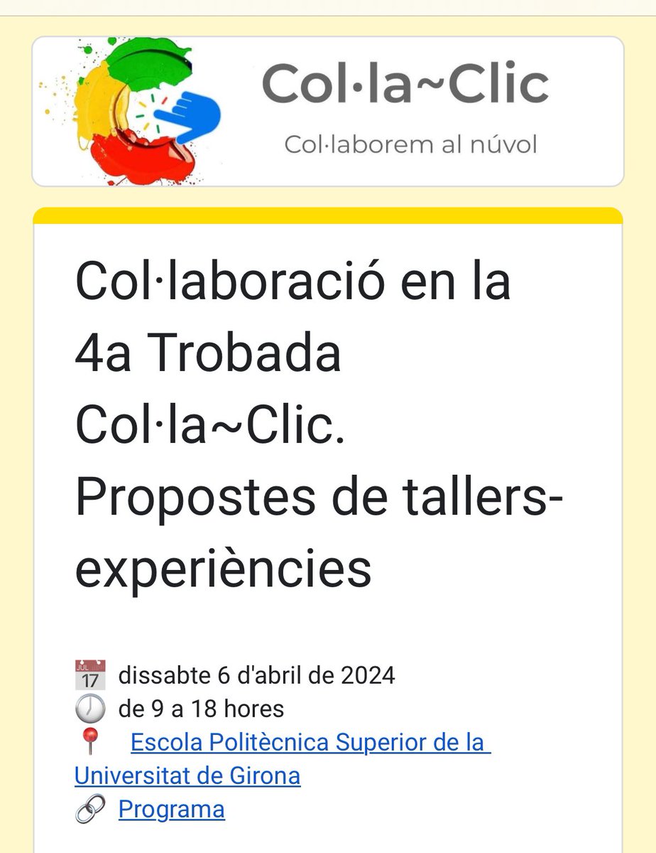 📢 Ets docent? Incorpores l’ús d’eines digitals en el disseny de les teves situacions d’aprenentatge?

🔝 Anima’t a compartir la teva experiència a la 4a Trobada #CollaClic2024!

📩  Aprofita el cap de setmana per omplir el formulari!
👉🏼  ja.cat/collaclic24form

#CallForPapers