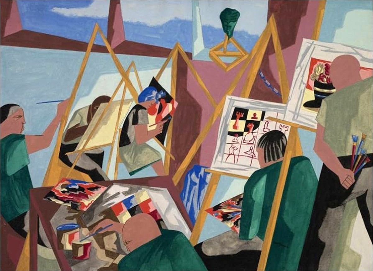 Art Inspiration For Today: Creative Therapy by Jacob Lawrence (American), casein over graphite, genre: Harlem Renaissance, Cubism, 1949 #creativetherapy #jacoblawrence #artinspiration #HarlemRenaissance #cubism #modernart #americanart #artonx