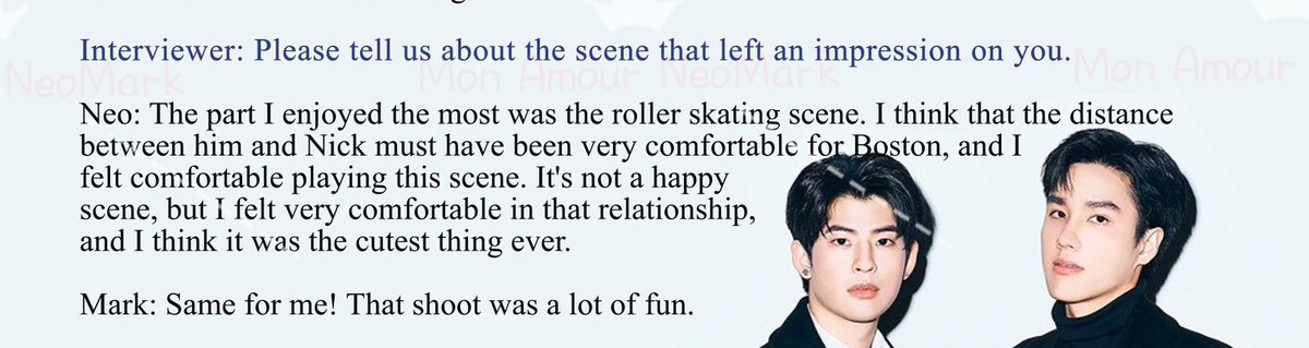 neomark0th's tweet photo. NEO: The part I enjoyed the most was the roller skating scene. I felt very comfortable in that relationship, and I think it was the cutest thing ever. 🥺
Mark: Same for me! That shoot was a lot of fun.

#นีโอมาร์ค #neomark https://t.co/eos6jnQ2vA