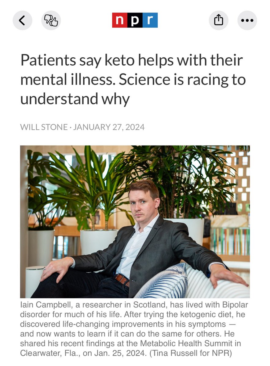 NPR out with an incredible article this morning. Highlighting the work and experience of @IainCampbellPhD and many others pioneering this paradigm shift in mental health!

@ChrisPalmerMD 
@janellison 
@GeorgiaEdeMD 
@ShebaniMD 

Well done, everyone!

#ketoformentalhealth