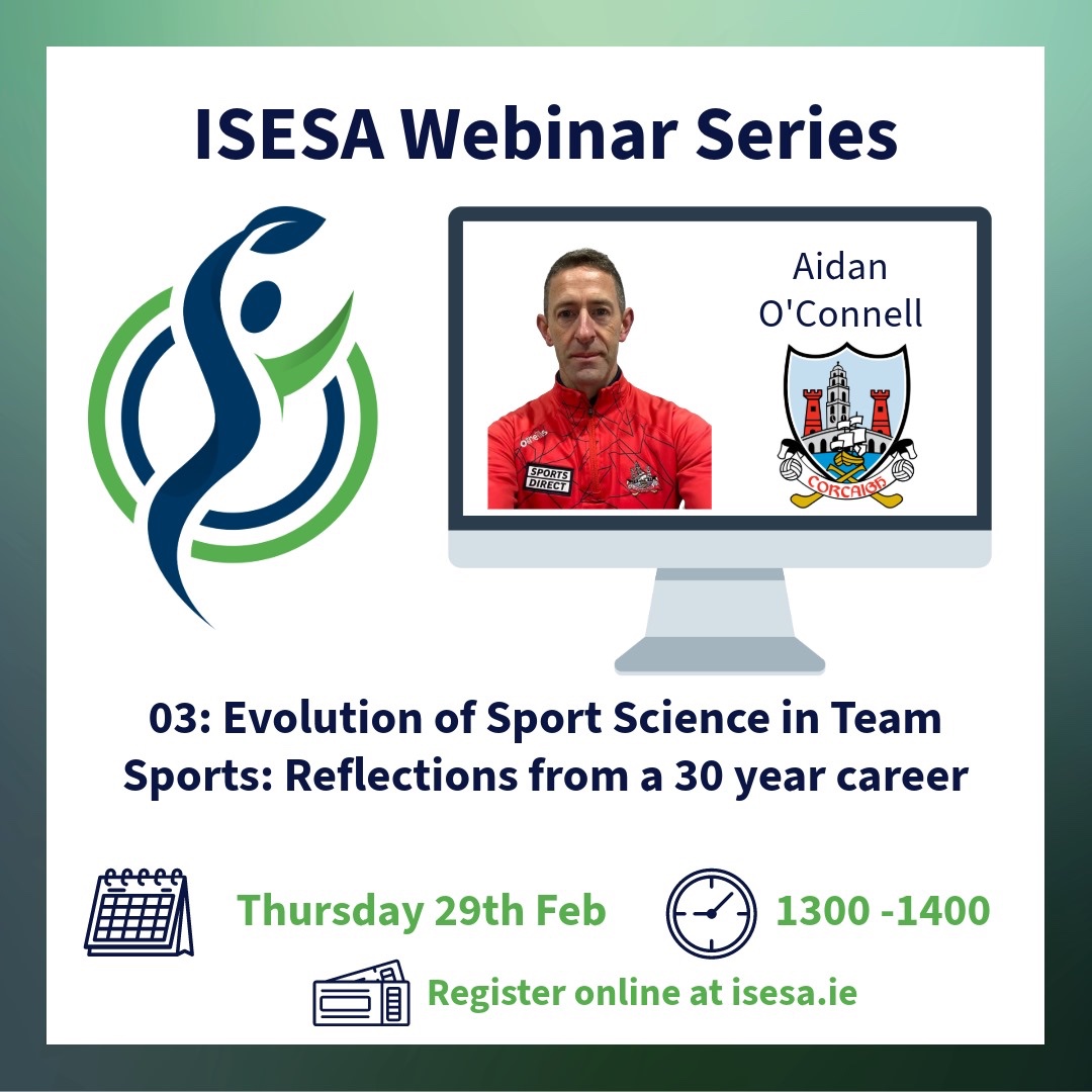 IrishSESA's tweet photo. Next up in our webinar series we have Aidan O’Connell who is High Performance Manager at Cork GAA! Aidan will give insights into the evolution of sport science in team sports over his 30 year career in sport!
#sport #sports #sportscience #exercise #exercisescience #webinar #isesa https://t.co/fbBulwFADT