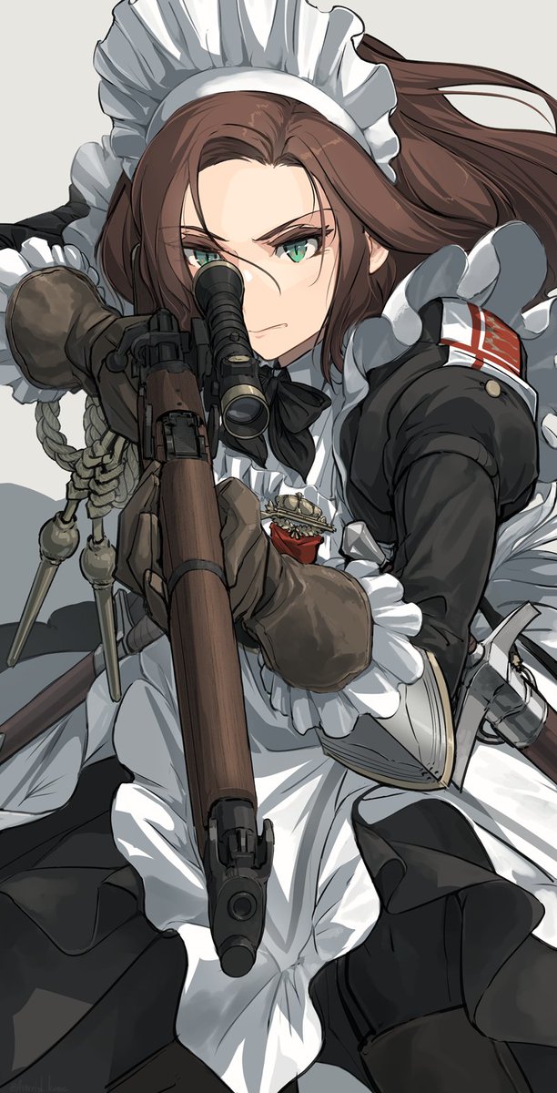 1girl weapon gun maid rifle brown hair solo  illustration images