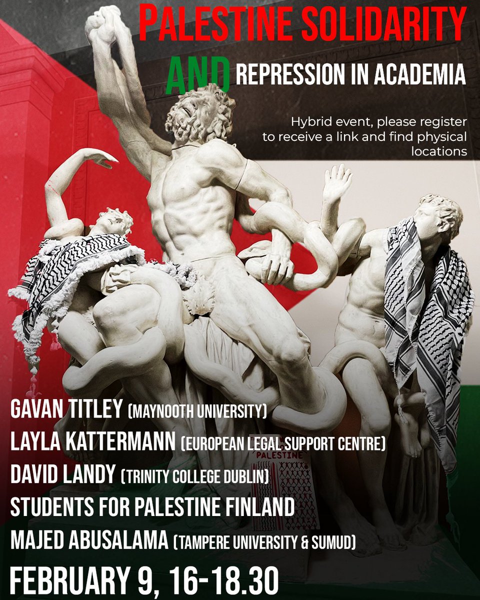 'Palestine solidarity and Repression in Academia' online panel. February 9th, 16:00-18:30 To register: forms.gle/xYsFGXmEKUY1JZ… Everyone welcome!
