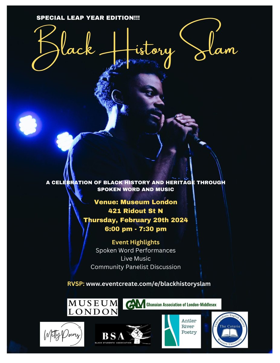 We're thrilled to be a community partner for Black History Slam, an evening of poetry, music, & speakers celebrating Black history & heritage! Thurs Feb 29, 6:00-7:30pm @MuseumLondon 421 Ridout St N #ldnont Registration & details here: eventbrite.ca/e/black-histor…