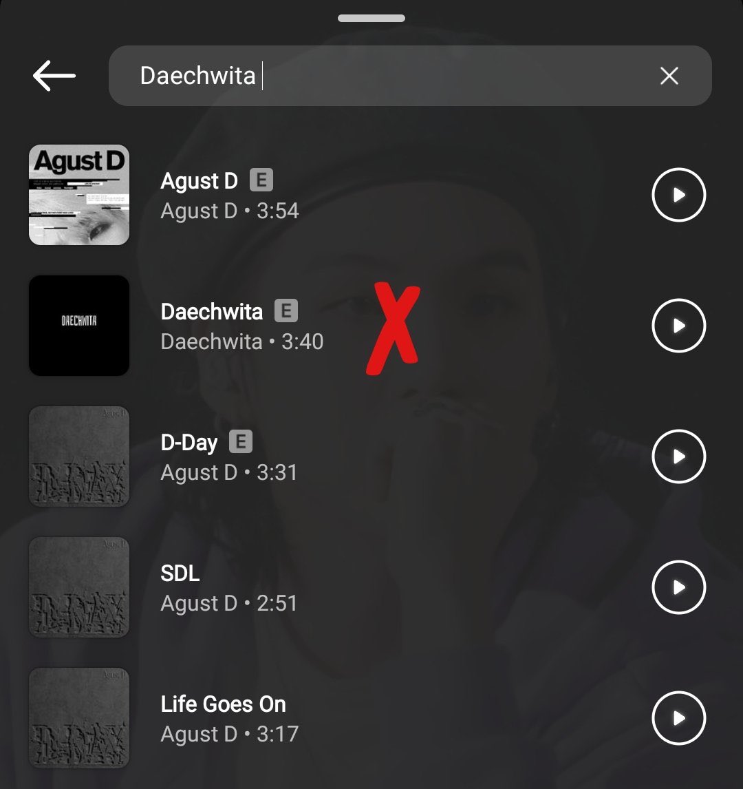 StreamForSuga's tweet photo. Hello @instagram @InstagramComms @BIGHIT_MUSIC @GeffenRecords,

Since September 2023, all tracks from the mixtape "D-2" by Agust D can't be found in the audio library. And the "Daechwita" which appears doesn't belong to the artist.

Please, fix this immediately! 
Thank you. https://t.co/Idh2FMOSQ6