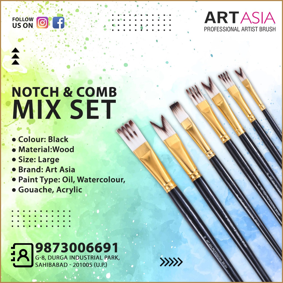 Notch & Comb Mix Set
•Colour: Black 
•Material:Wood
• Size: Large
• Brand: Art Asia
• Paint Type: Oil, Watercolour, 
• Gouache, Acrylic

Call For Any Inquiries 9873006691
.
#artasiabrush #mixhoghairbrushset #artbrushes #highqualitybristles #artistictools #paintingessentials