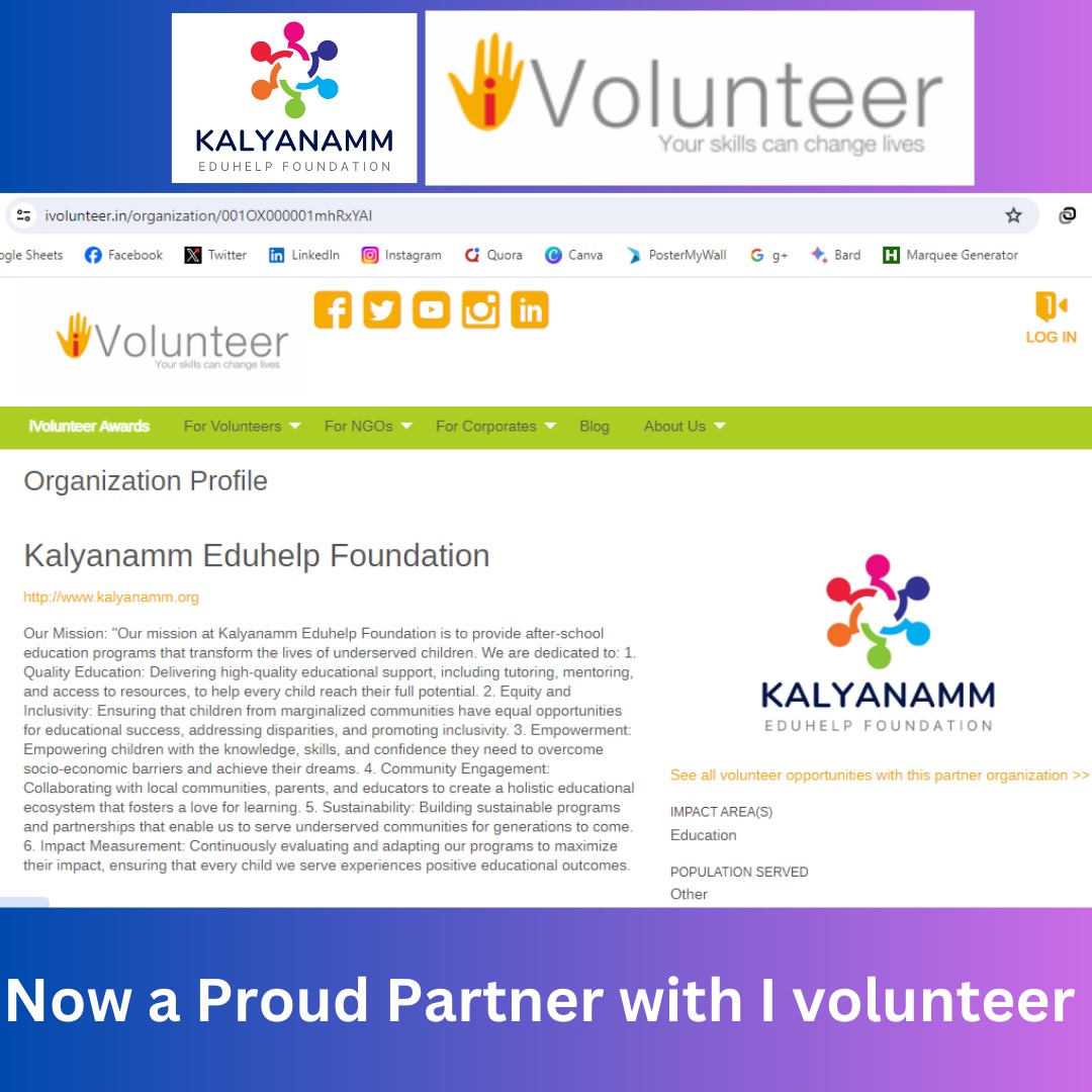 Kalyanamm Eduhelp Foundation is thrilled to announce our partnership with I Volunteer! Joining forces to make a positive impact, together we aim to empower and uplift communities through education, we are appreciating and thanking @iVolunteerIndia #EduhelpFoundation #IVolunteer