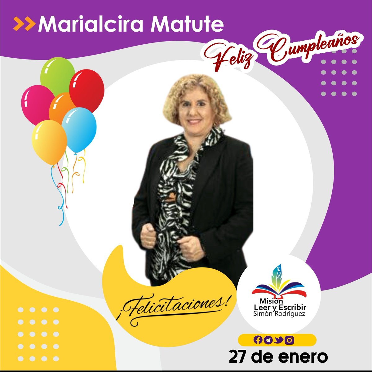 La embajadora nacional e internacional de todos los promotores de lectura en Venezuela, hoy #27Enero anda de cumpleaños
¡Feliz cumpleaños <a href="/MarialciraMatuT/">Marialcira Matute</a> !
.
<a href="/uhcarola/">Carola Martinez</a> 
<a href="/wuzcateguip/">𝑿𝑹𝑷 𝗡𝗼𝘁𝗶𝗳𝗶𝗰𝗮𝘁𝗶𝗼𝗻</a> 
<a href="/lilipublicidad/">Ciudad San Juan</a>
