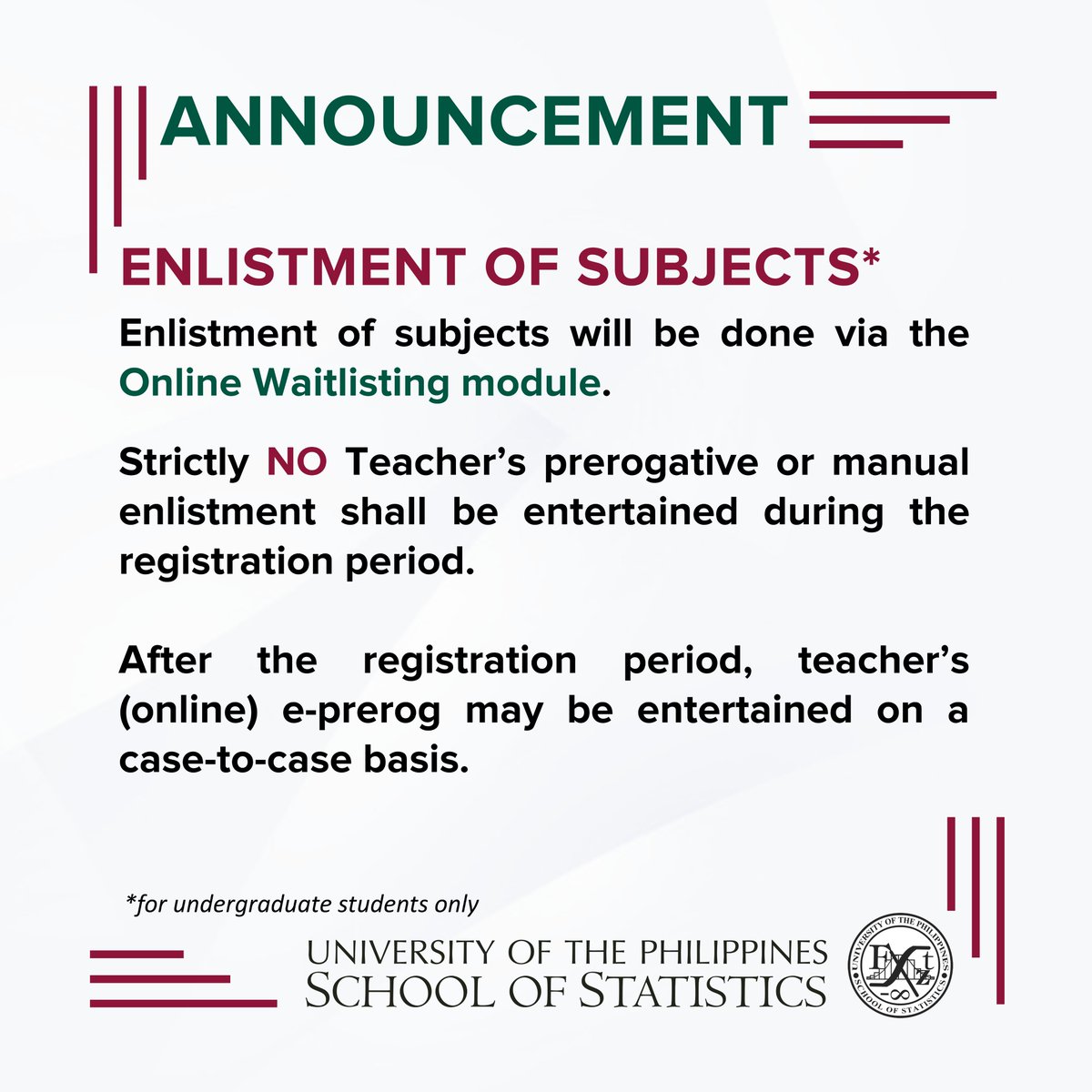 UPDStat's tweet photo. [ANNOUNCEMENT]

Heads up, students! Registration for 2nd Sem A.Y. 2023-2024 begins next week, 31 January 2024. Please check out the following reminders for registration. https://t.co/PSY65aerHN