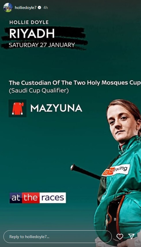 Good luck to Hollie Doyle @HollieDoyle1 riding today at Riyadh, #Saudi Arabia‼️ 🇸🇦 
🏇Mazyuna, Saudi Cup Qualifier
#goodluck #saudicup #saudiracing @thesaudicup #horseracing #SaudiArabia @marubenitakashi