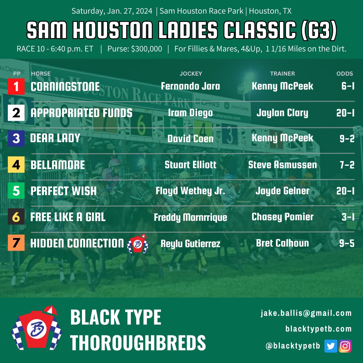 Also in today at @SamHoustonRaceP: HIDDEN CONNECTION looks to make it back-to-back stakes wins in the G3 Sam Houston Ladies Classic! Post time at 6:40pm ET. Big day for the #BlackType Team!! #HiddenConnection