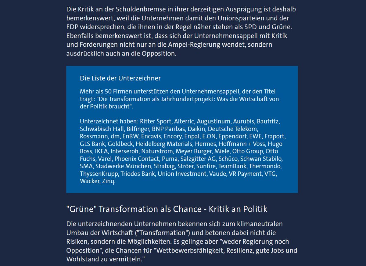 54 der größten deutschen Firmen fordern mehr Investitionen in klimagerechte Wirtschaft und eine Aufweichung der Schuldenbremse - und kritisieren auch die Blockade von Union und FDP. Nur um mal den Mythos zu entzaubern, das seien doch die mit der guten pragmatischen Finanzpolitik.