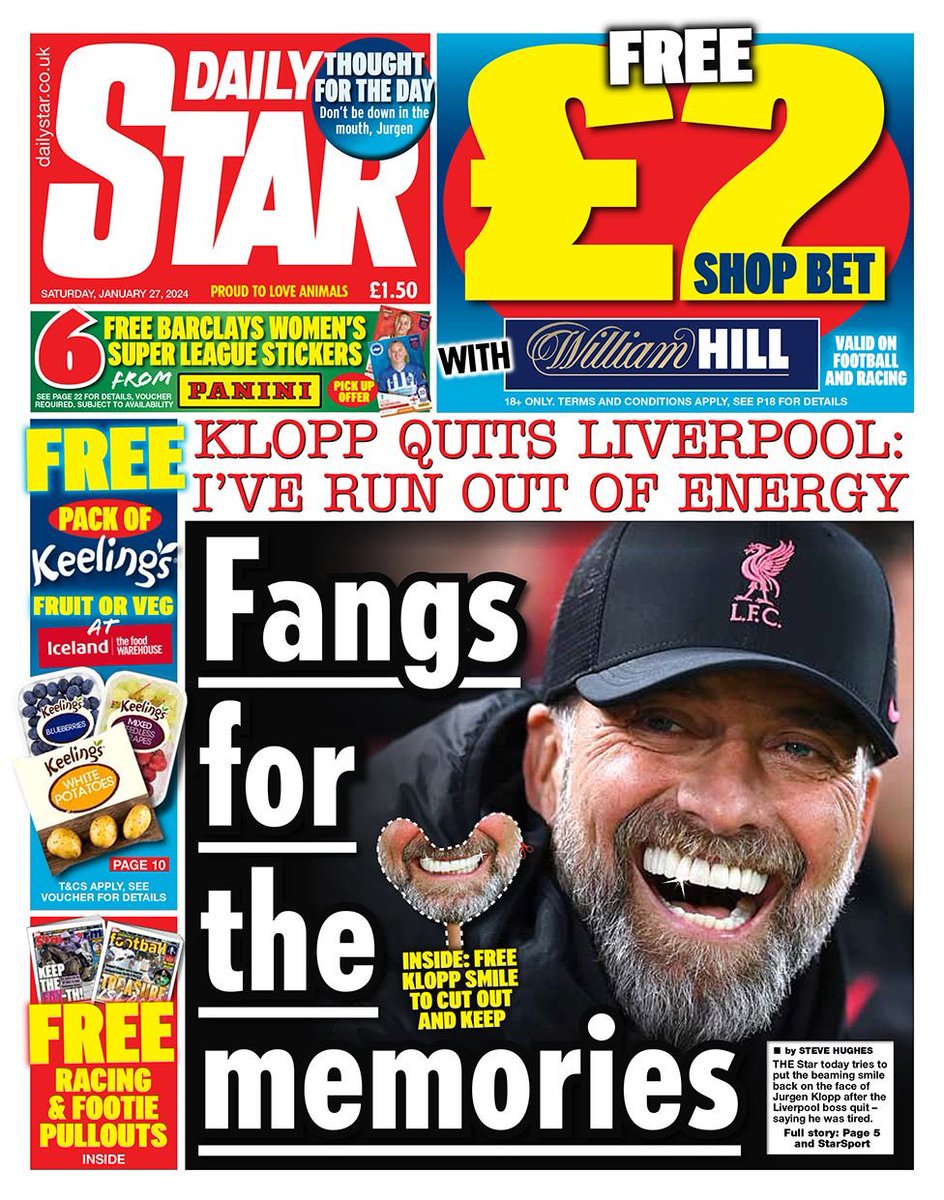 Liverpool fans: get your cut out and keep souvenir Klopp fangs in today’s Daily Star