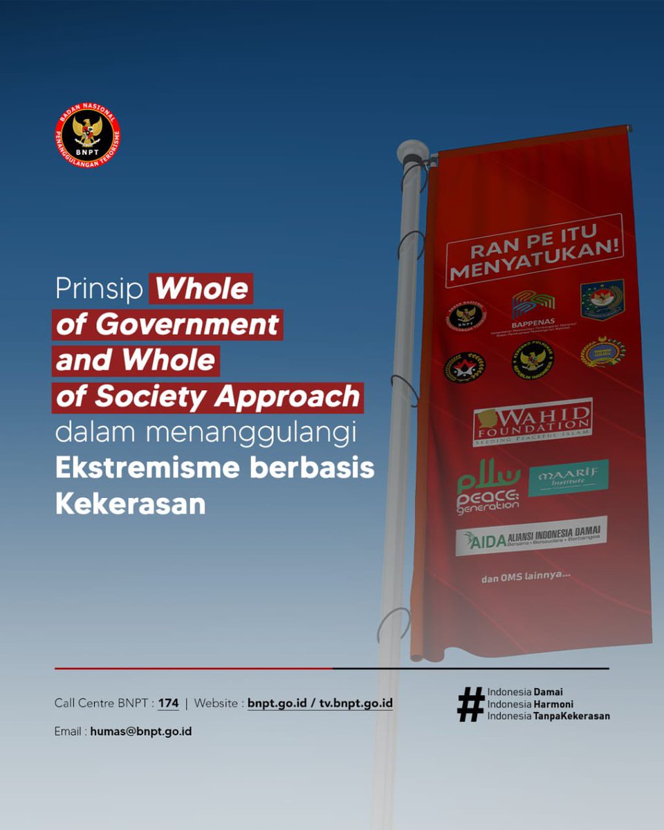 BNPTRI's tweet photo. #SobatDamai, penanggulangan Ekstremisme berbasis Kekerasan yang Mengarah pada Terorisme harus dilakukan oleh semua unsur, baik pemerintah maupun masyarakat.

Hadirnya RAN PE adalah untuk mewujudkan itu melalui prinsip whole of government &amp; whole of society.

#ranpe
#bnptri https://t.co/lZVpsFVoiw