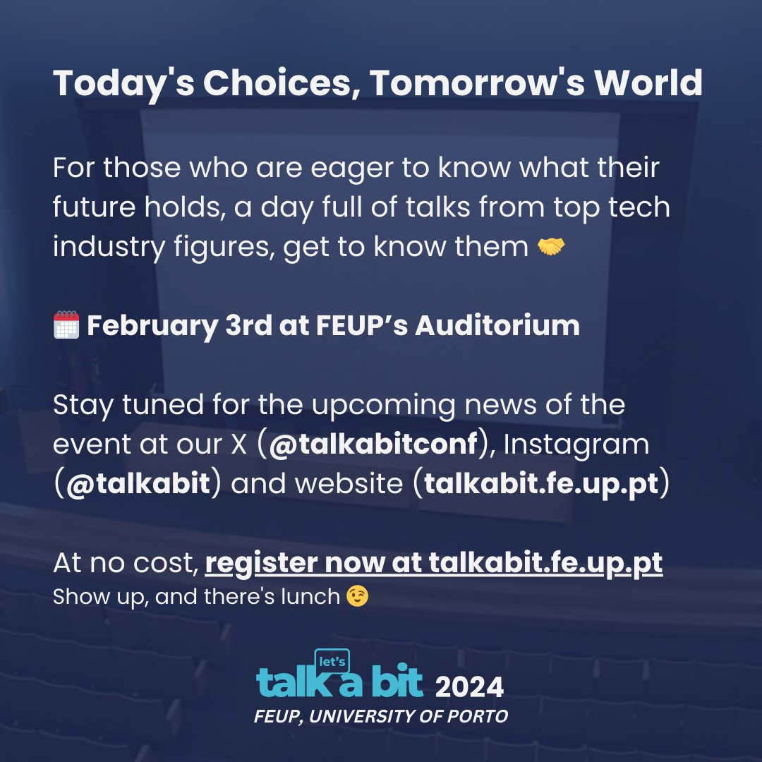 talkabitconf's tweet photo. Shape Your Tomorrow Today! Join us at TalkABit 2024 on February 3rd - a day rich with insights from industry leaders.  Stay updated by closely following us and our website. Book your spot at https://t.co/InHqz65tsv. #registernow #talkabit2024 #feup #tech https://t.co/4Ms3CReKRV
