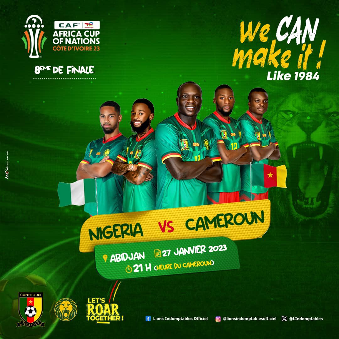 ⚽️🔥 #MATCHDAY Allez les #LionsIndomptables !!! #NIGERIA 🇳🇬 🆚 🇨🇲 #CAMEROUN 📆 27/01/2024 ⏰ 21H00 (heure du Cameroun) 🏟️ Stade Félix Houphouët Boigny 📍 Abidjan #NGRCMR | #WECANMAKEIT | #CANTOTALENERGIES2023 | #CMRMAU | #GOLIONS | #ALLEZLESLIONS | #LETSROARTOGETHER |