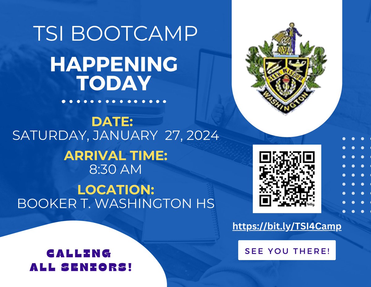 Good morning! This is a reminder to ALL Seniors especially TSI Cohort 1 & 2 students. We are having our TSI Bootcamp TODAY. We will focus on English so make sure you arrive by 9am in Room B103. See you soon! 👍🏾💙💛