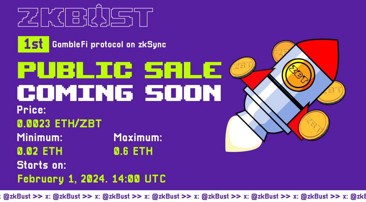 zkBust's tweet photo. 💘 Through the Private sale for OG, we saw a response from the community, helping the @zkBust project and @zkBust team Raised 63 ETH. To achieve this result, we would like to express our sincere thanks to the community and the OGs who participated in early support of the project. With such a good response, the zkBust team will organize another public sale round. The unfilled vacancies in the previous round will be transferred to the public sale round, this round is open to all. all investors participate. Information of the public sale round:

$ZBT Public Sale info 💰

Total Raise: 50 ETH
Public Price: 0.0023 ETH/ZBT
Min Buy: 0.02 ETH
Max Buy: 0.5 ETH
Participation conditions: all investors

⏰ Timeline:

Opening time:
February 1, 2024 14:00 UTC

End time:
February 3, 2024 14:00 UTC

$ZBT #zkBust #IDO #PublicSale #zkSyncEra