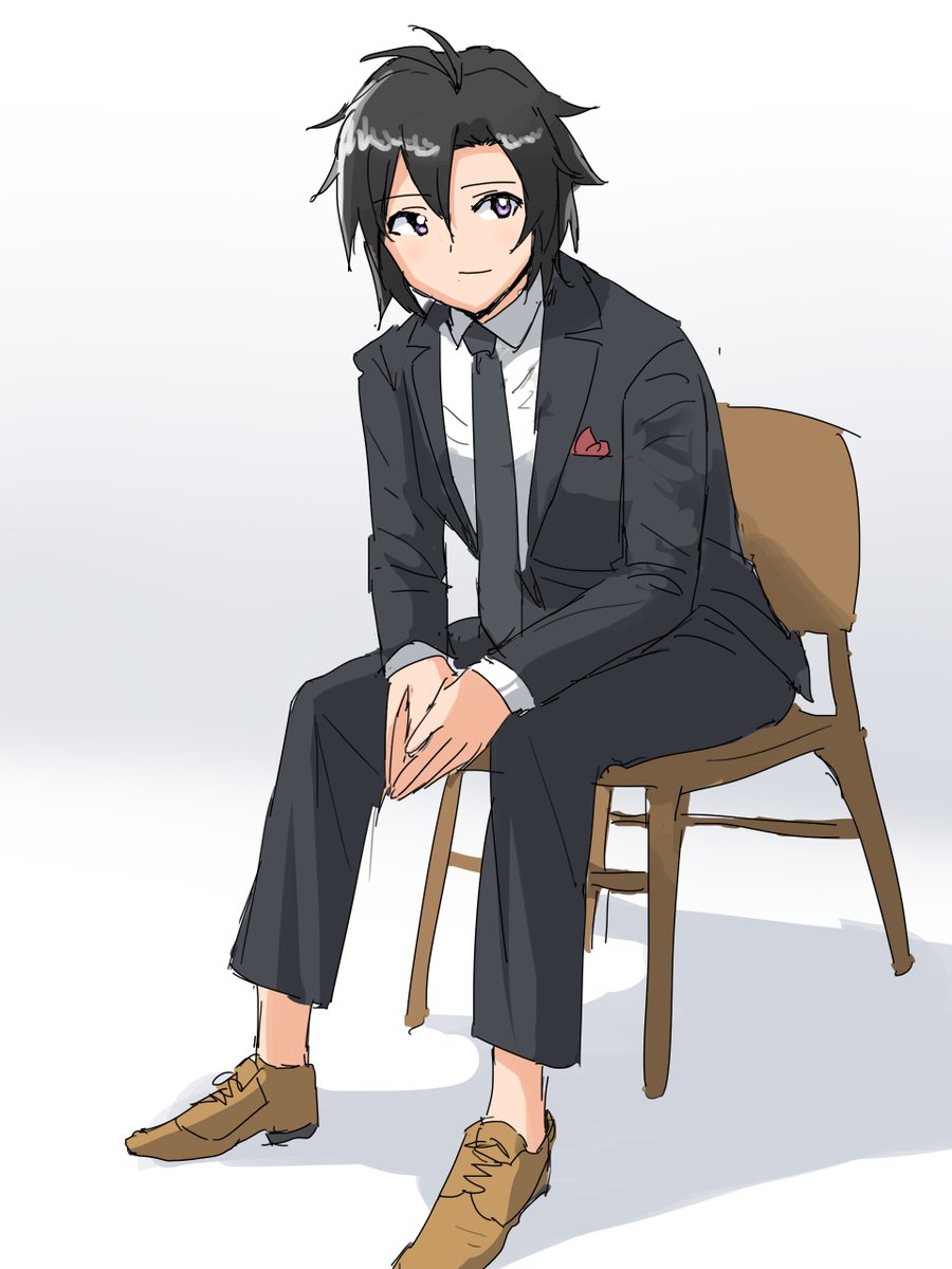 kikuchi makoto 1girl solo formal black hair suit necktie sitting  illustration images