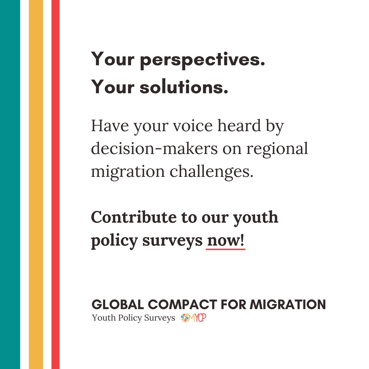 MYCPofficial's tweet photo. Its #GCMRegionalReview time! And we want your regional solutions to migration challenges to be heard by your decision makers. 

Take part in MYCP's Youth Policy Surveys NOW:

AFR - https://t.co/eR3LWu8QLF
EUR &amp; NAM - https://t.co/elo83l1pVE
MENA - https://t.co/hF2Yj8d28D https://t.co/aYFUHezaWQ