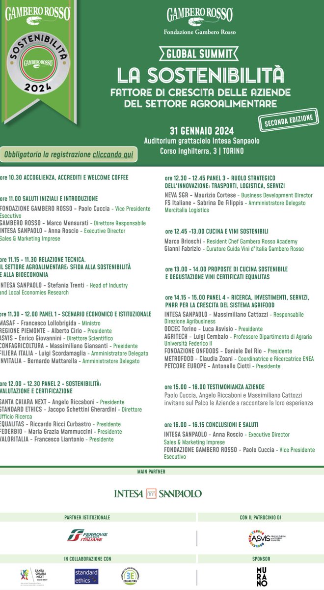 🗒️ #31gennaio <a href="/intesasanpaolo/">Intesa Sanpaolo</a> Torino, II edizione "Sostenibilità fattore di crescita delle aziende del settore #agroalimentare” per  valorizzare le aziende 🇮🇹 che investono energie nella Sostenibilità economica sociale ambientale
✅ Per registrarsi
lnkd.in/dyc9bP