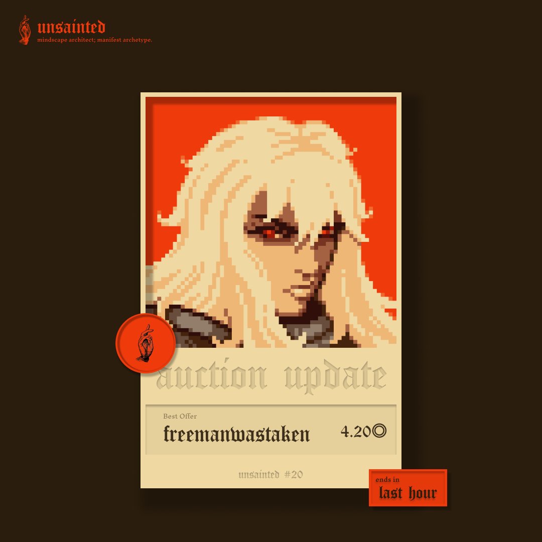 unsainted_____'s tweet photo. 🚨 | 𝐀𝐮𝐜𝐭𝐢𝐨𝐧 𝐔𝐩𝐝𝐚𝐭𝐞!
//unsainted #20

Highest Bid : 4.20 SOL
Duration : 1 Hour

𝖚𝖓𝖘𝖆𝖎𝖓𝖙𝖊𝖉. https://t.co/61W40CItZc