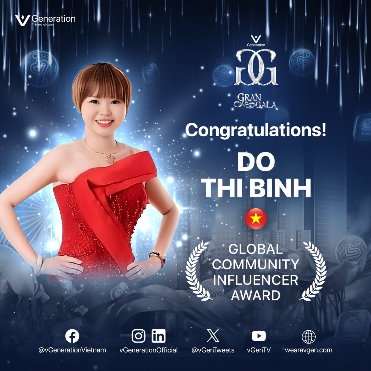 Global Community Influencer Award 

🌐 A global applause to Do Thi Binh!  Impact transcending borders, inspiring, strengthening, and encouraging the entire vGeneration Community! 🏆🌍 #vGenGlobalInfluence #CommunityHarmony #vGenGranGala2024