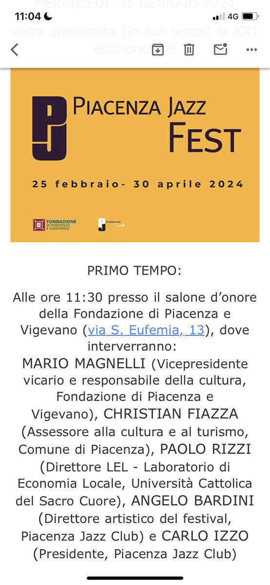 E ci siamo praticamente quasi! Mercoledì 31.1 “sveleremo” il XXI Piacenza Jazz Fest. 2 mesi di musica e tanto tanto altro. <a href="/AngelicaDa/">Angelica Dadomo</a> <a href="/Liberta_it/">Libertà.it</a> <a href="/PiacenzaSera/">Piacenza Sera</a> @Piacenza_Online <a href="/laprovinciacr/">Provincia di Cremona</a> @marivarone <a href="/rep_parma/">Repubblica Parma</a>