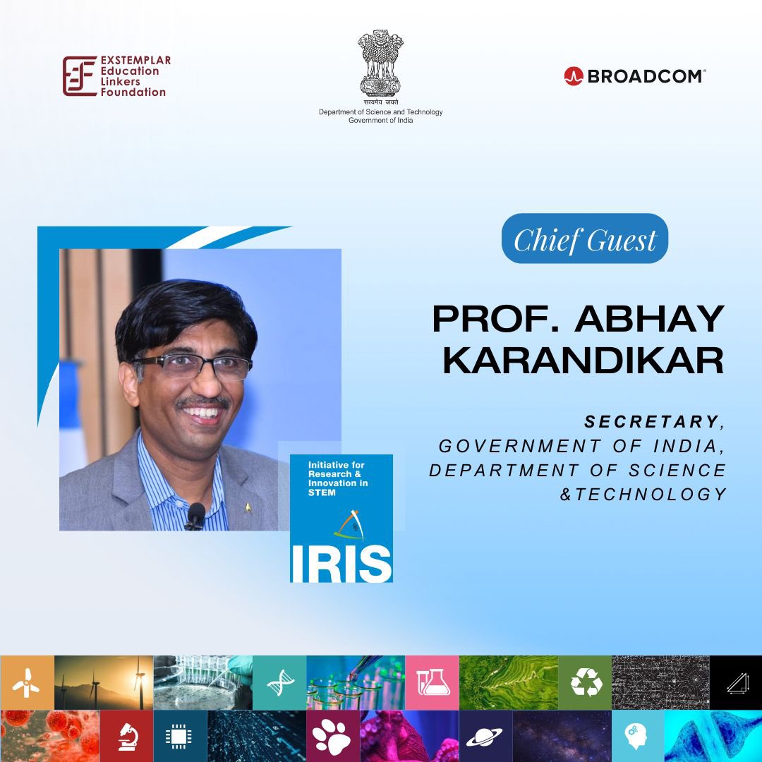 IRISNational's tweet photo. Attention, future scientists!
IRIS National Fair is honored to announce a keynote address by Prof. Abhay Karandikar, Secretary, Department of Science &amp; Technology, Government of India!

#india #Youth #IRISNationalFair2024 #EXSTEMPLAR #STEM #Broadcom #Inspiration https://t.co/GGxQklZgRa