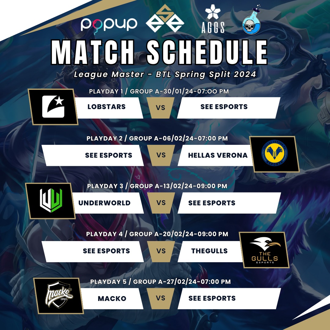 League Master- BTL Spring Split 2024!  

The challenges will be exciting, each clash will lead our boys to show off their skills to the fullest to achieve the best result!

#GOSEE #SEEaggs #SEEPoPup #SEEDren #LeagueOfLegends

Tournament match schedule 💪
<a href="/LobstarEsports/">Lobstar Esports</a>