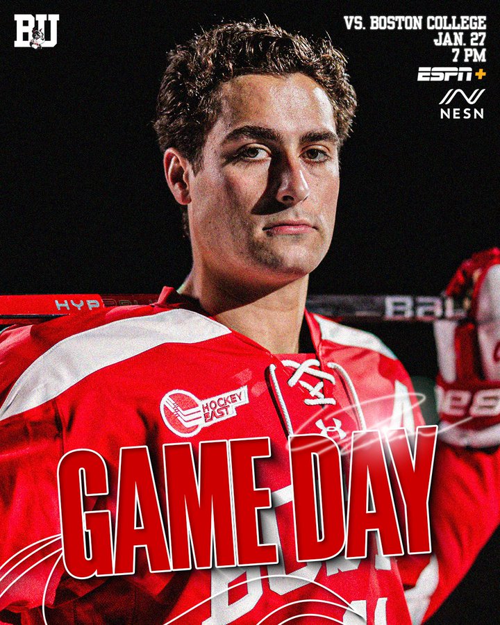Game day graphic featuring posed photo of Luke Tuch. BU vs. Boston College, Jan. 27 at 7 PM on ESPN+ and NESN.