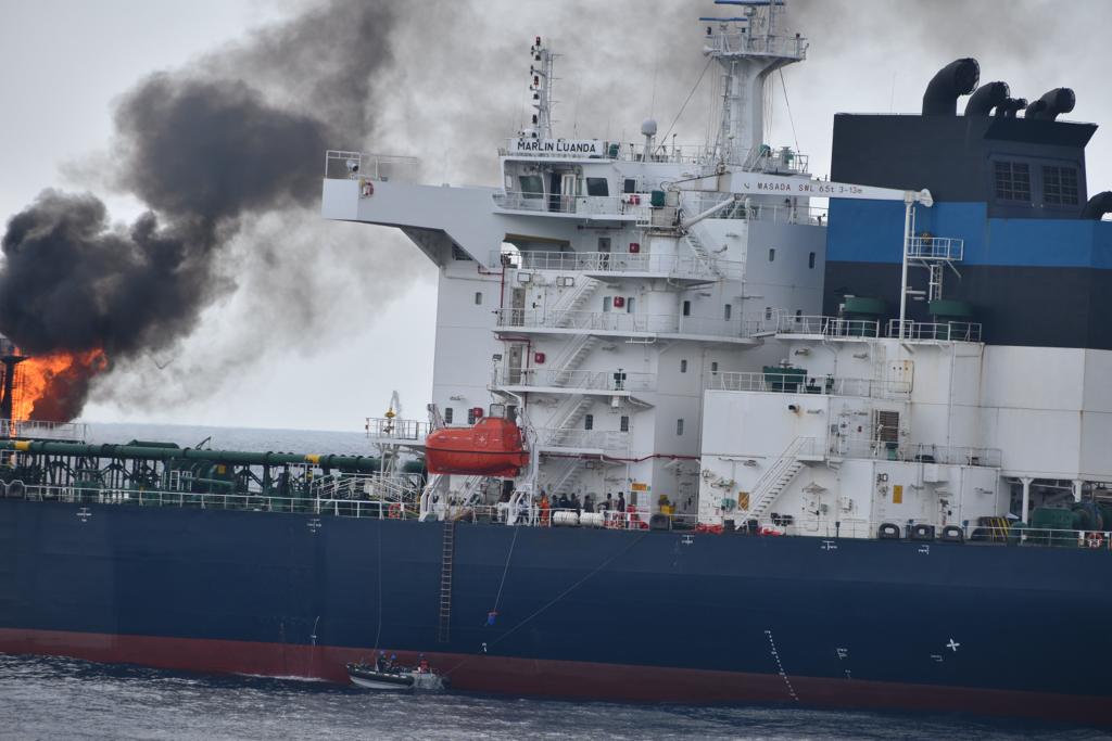 Indian Navy's Guided missile destroyer INS Visakhapatnam deployed in the Gulf of Aden responded to a distress call from MV Marlin Luanda on the night of 26Jan

Fire fighting efforts onboard the distressed Merchant Vessel is being augmented by the NBCD with firefighting equipment