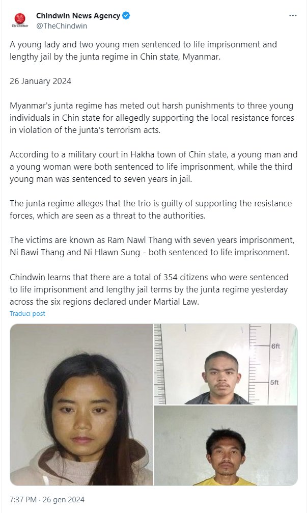 amo77337532's tweet image. 1月26日 #Chin 州 #Hakha 市で #Myanmar Junta軍体制が地元の抵抗軍を支援したとして男女1人ずつNiBawiThangとNiHlawnSungに終身刑、更にRamNawlThangに7年の禁錮刑を宣告しました。
Birmanie Birmania Burma ビルマ @hrw @CIJ_ICJ @KarimKhanQC @UNReliefChief @antonioguterres