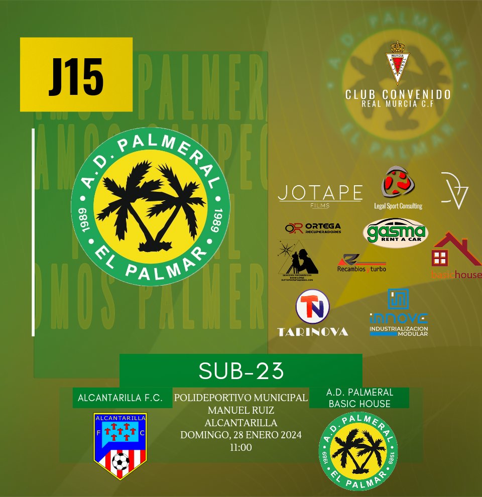 MURADPALMERAL's tweet photo. ⚫🟢 🅢🅤🅑➋➌🟢⚫

𝐏𝐀𝐑𝐓𝐈𝐃𝐎 | 𝐉15

🗓️ Domingo 28/01
#AlcantarillaFC VS AD Palmeral Basic House
¡Vamos equipo! ⚽🌴

⏰ 11:00 H
📍 Cpo. Fbol. Manuel Ruiz
 
#adpalmeral #palmeral #somospalmeral https://t.co/ti1mzWZBXh