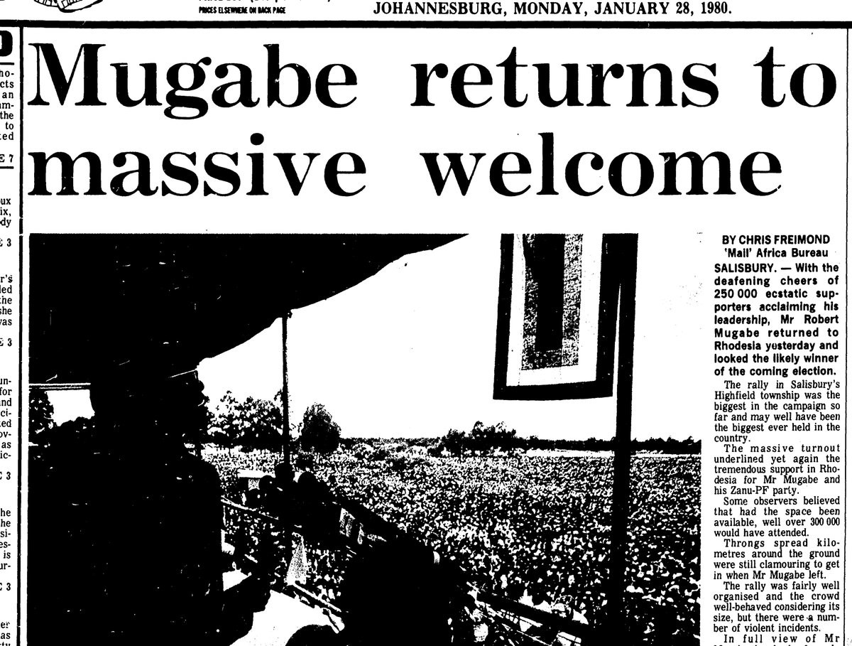 #OTD in 1980, Robert Mugabe returned to Zimbabwe after nearly 5 years in exile. Journalists speculated that a welcome rally 'may well have been the biggest ever held in the country' with about 250,000 in attendance.