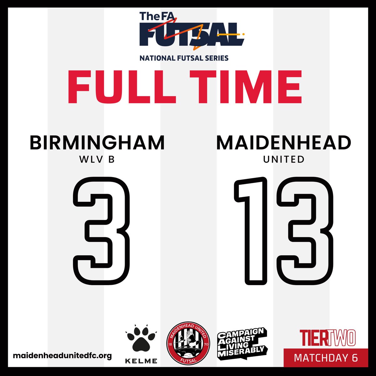 <a href="/Bhamfutsalclub/">BirminghamWLVFutsal</a> <a href="/FA_NFS/">FA National Futsal Series</a> 𝐅𝐮𝐥𝐥 𝐓𝐢𝐦𝐞
<a href="/Bhamfutsalclub/">BirminghamWLVFutsal</a> B 3-13 Maidenhead United 
+3 and a top performance on the road for our women’s side
Goal scorers
Thompson ⚽️⚽️⚽️
Amatulli ⚽️⚽️⚽️
Bowers ⚽️⚽️⚽️
Povey ⚽️⚽️⚽️
Thackwray ⚽️
#UnitedAsOne