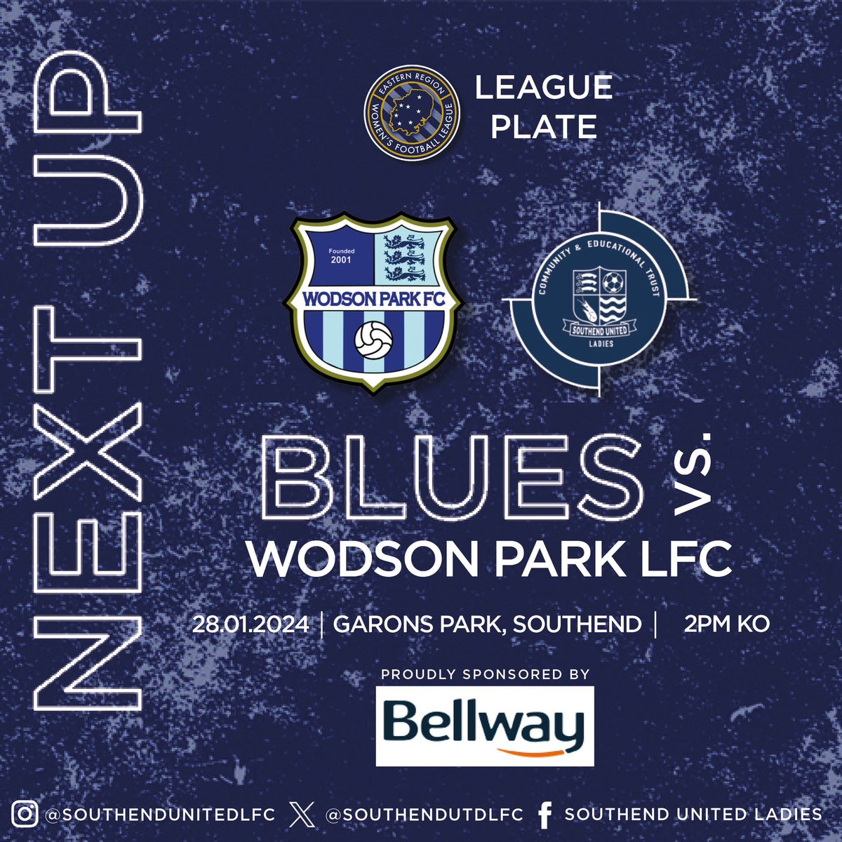 SouthendUtdLFC's tweet photo. 𝗡𝗲𝘅𝘁 𝗨𝗽 | League Plate Focus 🏆

Following our exit in the County Cup, the Blues now focus on our League Plate draw against Wodson Park with a place in the Quarters up for grabs!

Please note due to a waterlogged pitch, the game will now be played at Garons Park!

#Blues https://t.co/bCi8hgW1XE