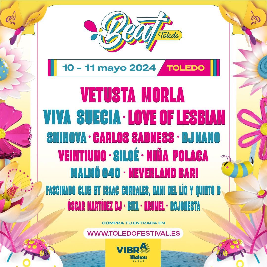 conci_Madrid's tweet photo. Los días 10 y 11 de mayo un gran festival al lado de Madrid #BeatFest en Toledo con @vetustamorla @VivaSuecia @loveoflesbian @shinovaoficial @CarlosSadness @djnanoshow @VeintiunoMusic @siloe_music @NinaPolaca @MusicMalmo @Neverlandbari y más, Info:https://t.co/b6AuEliI49 https://t.co/NSzaEkyN3K
