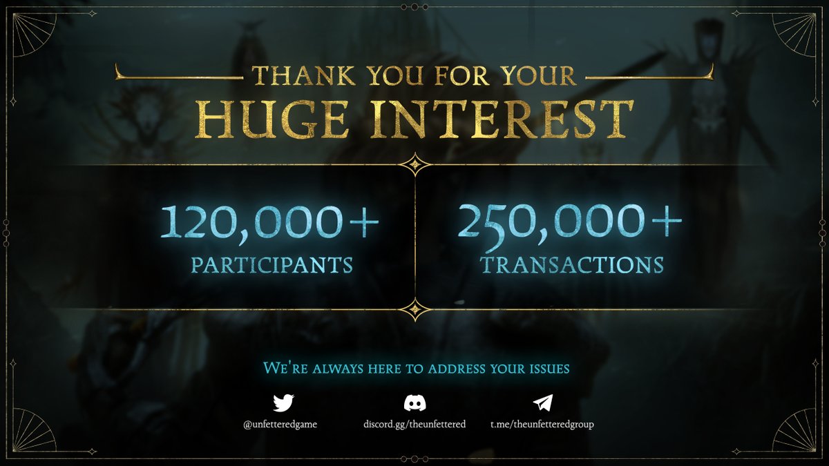 unfetteredgame's tweet photo. +120K PARTICIPANTS WITH +250K TRANSACTIONS 💥

We're thrilled by the overwhelming interest in the Souls-Verse Linea XP Campaign, with over 120,000 participants and 250,000 transactions! 🚀 

We appreciate your contribution in allowing us to test our system under this high load! Thanks to you, we've observed that the system operates smoothly on a large scale. 

However, as a result of this high interest, some users may encounter "time-out" errors on the Linea TestNet.

Rest assured, our team is actively addressing this issue, and no participant will be victimized!

Campaign Ends: Jan 28, 23:59 UTC

We appreciate your patience, and if necessary, we may extend the event to ensure everyone can participate seamlessly!
