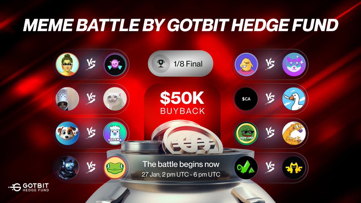 🚨 JUST IN: Meme Battle is LIVE

1/8 finals on the way to $50k buyback

8 pairs are going head-to-head for 4 hours, and it's all about the community power!
27.01, 2pm UTC - 6 pm UTC

Here's the lowdown:

- QT this post with meme picture you create about project you support 
Text