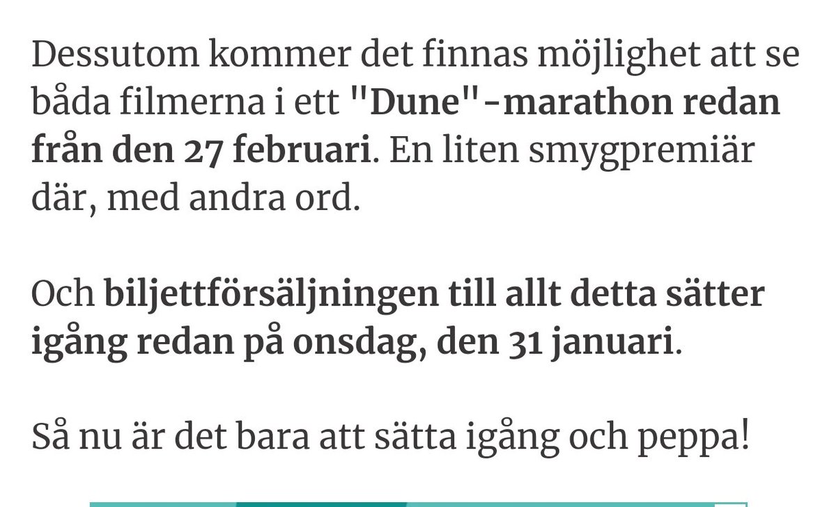 Dune 1 will have multiple showings in theaters in Sweden. Also as a double feature (marathon) on 27th of February. Most of the theaters in Sweden are @FilmstadenAB, owned by @AMCTheatres 
Just a hint for all you Dune lovers what will happen in US as well...
$amc #amc #Dune2