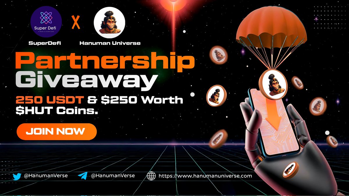 💫 SuperDefi_Dao X  Hanuman Universe #USDT BIG #Airdrop 

🎁 Prize Pool «» $250 USDT + $250 Worth HUT Coins #Listed 

✅ Follow 
<a href="/SuperDefi_Dao/">SuperDefi</a> &amp; @HanumanVerse
✅ Like, RT and Tag 3 Friends 
✅ Complete #Gleam ⤵️ 
gleam.io/oayko/superdef…

⏰ END DATE :- 31 January.

#Airdrops