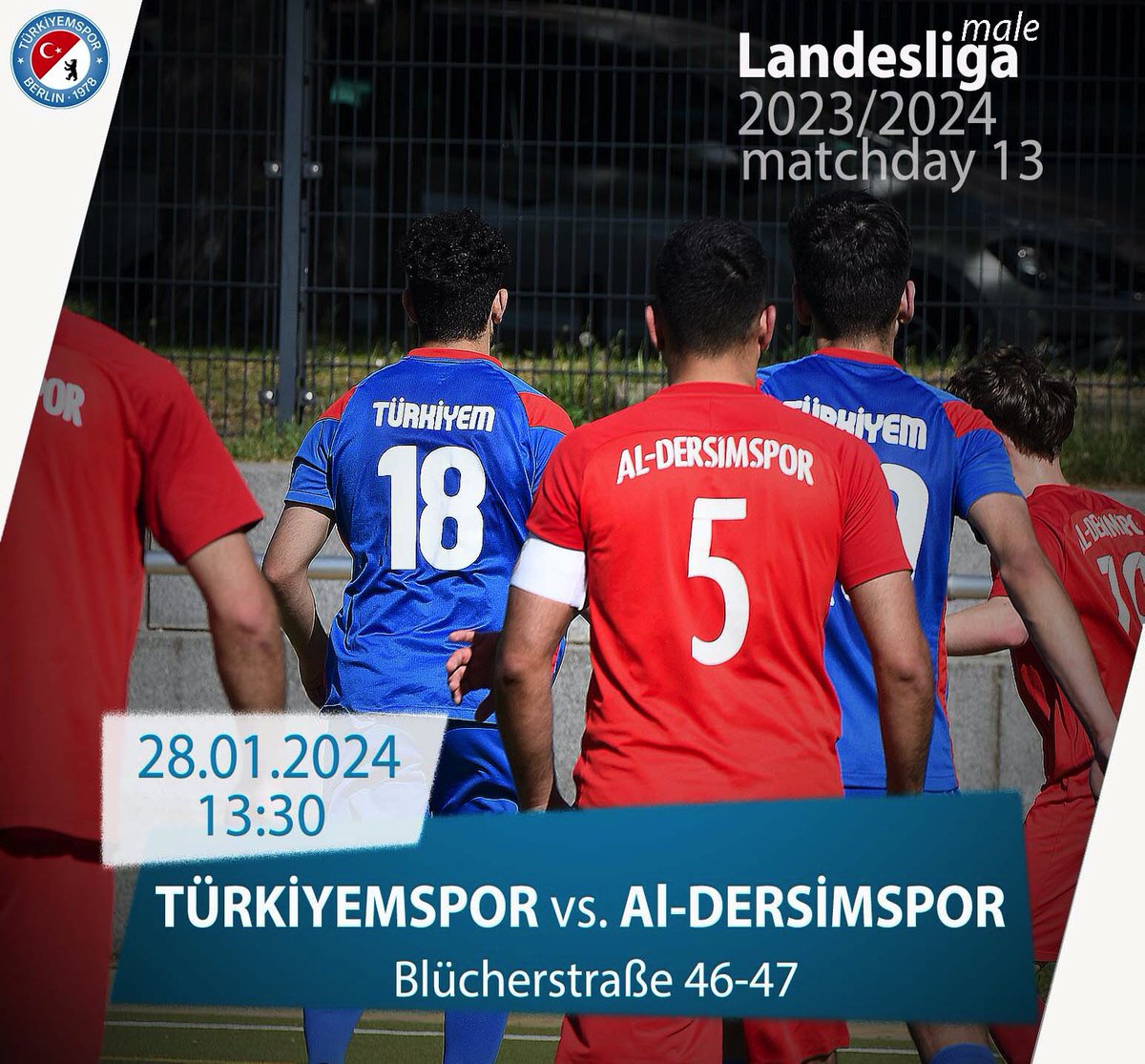 #Derbytime Für unser Landesligateam geht es am Sonntag wieder um Punkte. Zu Gast unsere Nachbarn von Al-Dersimspor. 🆚 Türkiyemspor vs. Al-Dersimspor 🏆 Landesliga matchday 13 (male) 🗓 28.01.2023 ⏰ 13:30 🏟 Günter-König Sportplatz 📍 Blücherstraße 46-47, 10961 Berlin 🌤 6 °C